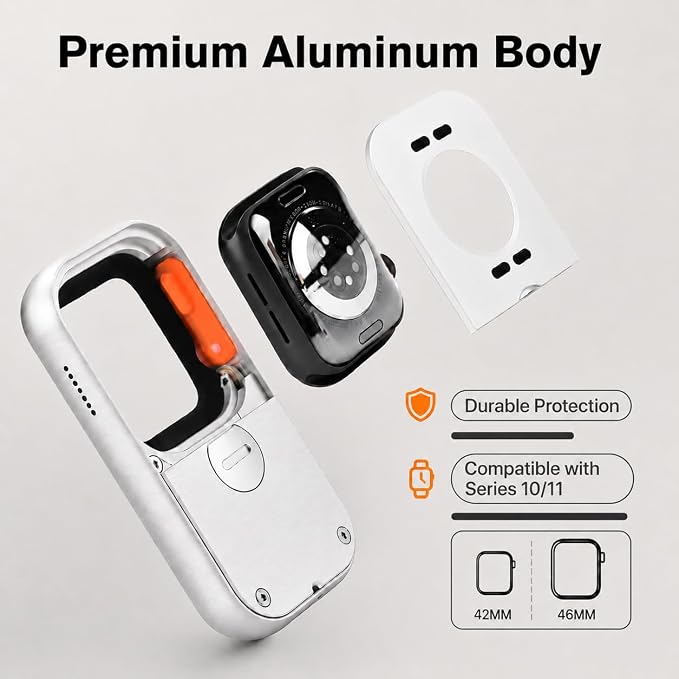 RePod Aluminum Case for Apple Watch Series S10/11, Transform Watch into Retro Music Player, 46mm CNC Metal Protective Cover with Functional Click Wheel (Silver)