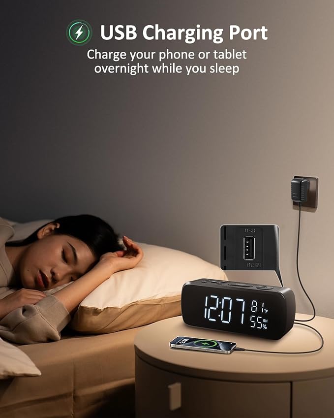G Keni Digital Alarm Clock with FM Radio for Bedroom,2 Alarms with Large LED Display,USB Charger, Preset, Dimmer, Sleep Timer,Temperature,Relative Humidit, Adjustable Volume, Snooze