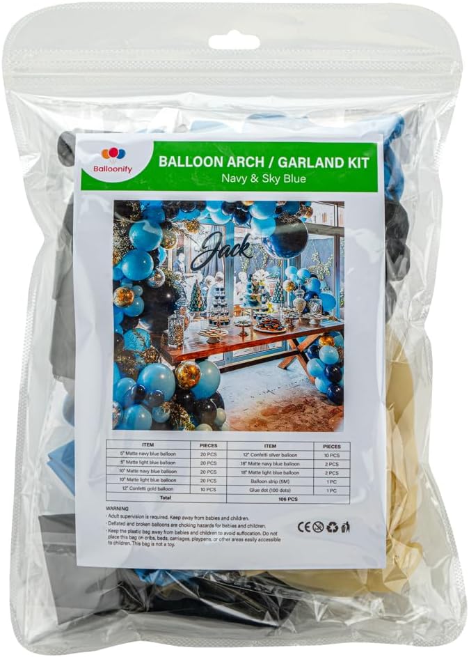 Restaurantware Balloon Arch Kit 104 Balloons, Strip, Glue Dot Balloon Decoration Set DIY Navy and Sky Blue Bottle Garland Assorted Colors for Party Decorations