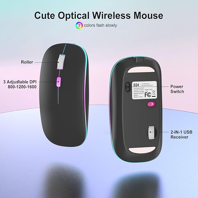 Black Light Up Keyboard and Mouse Wireless,Cute 2.4Ghz Cordless Rechargeable Transparent Backlit Keyboard,15 Backlight Effects,Volume Knob,RGB Mouse with 3 DPI for Mac Computer PC Laptop Desktop iPad