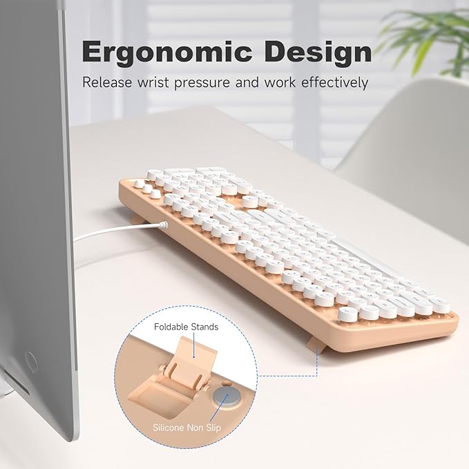 KNOWSQT Wired Computer Keyboard - Orange-White Retro Full-Size Round Keycaps Typewriter Cute Keyboards for Windows, Laptop, PC, Desktop, Computer