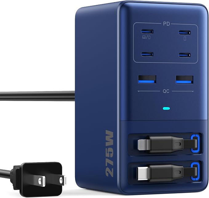 USB C Charger 275W Charging Station with Retractable Dual Cables,Upgraded 8-in-1 GaN IV Fast Charging Hub Block+PD QC PPS 65W Laptop Adapter for MacBook Pro/Air,iPad,iPhone 17/Pro,Galaxy S24,Dell-Navy
