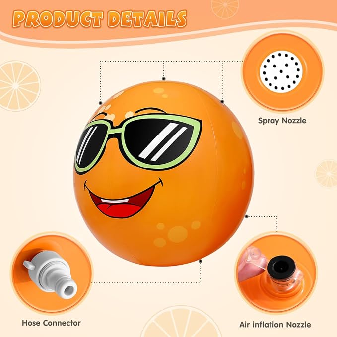 Toyvian Inflatable Water Sprinkler Ball, 31.5” Orange Water Spray Toy for Toddlers Outdoor Backyard Garden Yard Summer Fun Lawn Toys for Boys Girls