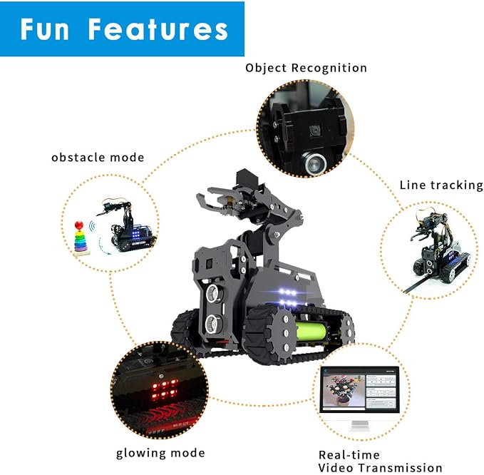 DIY Robot Model Kit for Raspberry Pi 4/3 Model B+/B WiFi Wireless Smart Robot Car Kit with 4-DOF Robotic Arm/OpenCV Target Tracking/Video Transmission Rasptank Robotic Kit with PDF