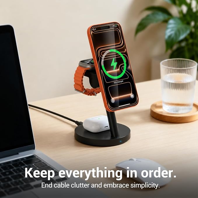 Qi2 25W 3 in 1 Fast Charging Station for Apple and Samsung | 2-year warranty, MagSafe, 18.5° tilt adjustment, 45W PD adapter, ideal for home office desk multi device
