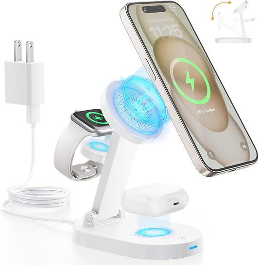 iDsonix 3 in 1 Wireless Charging Station for iPhone, 18W Fast Magnetic Phone Charger with Adjustable Stand and Light, Mag-Safe Charger Stand for iPhone 16-12 Series, Airpods, iWatch, White