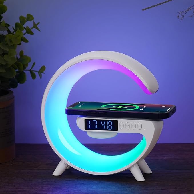 LeeNabao 2025 New Wireless Speaker Charger,Atmosphere Bedside Light with Wireless Charging Station,Music Lit Lamp 4 in 1 Alarm Clock Idea for Family (White)