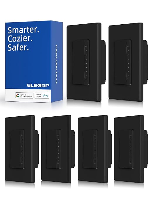 ELEGRP Single Pole Smart Dimmer Light Switch DPR10, 2.4GHz Wi-Fi Dimmer Switch Compatible with Alexa and Google Assistant, Needs Neutral Wire, No Hub Required, UL Listed, Matte Black, 6 Pack