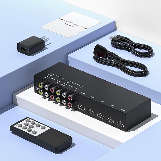 Y.D.F 4 Way HDMI 2.0 Switcher + 4 RCA to HDMI Converter(2 in 1) 4 Way AV Composite CVBS Switch to HDMI Adapter Support 4:3/16:9 Switching for N64 NGC Wii Xbox PS2/3/4/5 Xbox Series/ONE Switch