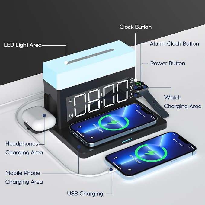 Wireless Charger,6 in 1 Wireless Charging Station with Digital Alarm Clock & Night Light,15W Fast Charger Compatible with iPhone 14/13/12/11/XS Samsung Galaxy AirPods & Apple Watch (Black)