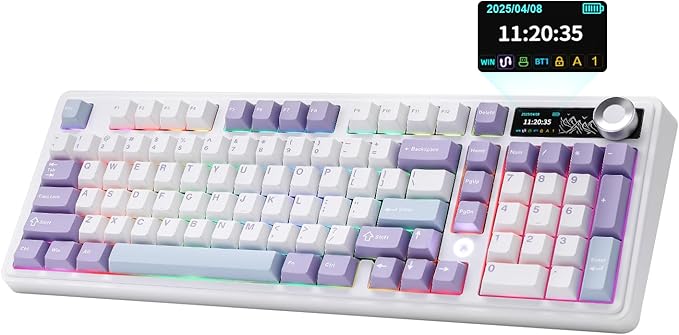 AJAZZ AK980 Mechanical Keyboard, Creamy & Thocky with Smart Display & Knob, 98% Wireless Tri-Mode BT/2.4G/USB-C, Hot Swappable, RGB Light for Win & Mac (Purple, Murad Switch)