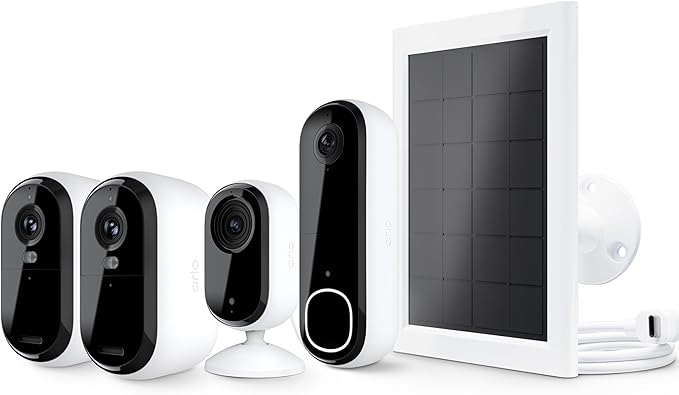 Arlo Essential Security Camera 2K Indoor/Outdoor 2 Cameras, Essential 2K Indoor 1 Camera, Video Doorbell & Solar Panel Bundle | Battery gets Charged with Solar Panels | White