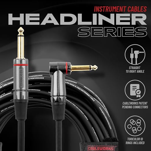 Cableworks By Gator Cases Headliner Series Premium 10 Ft Straight to Right Angle Guitar Instrument Cable (GCWH-INS-10RA)