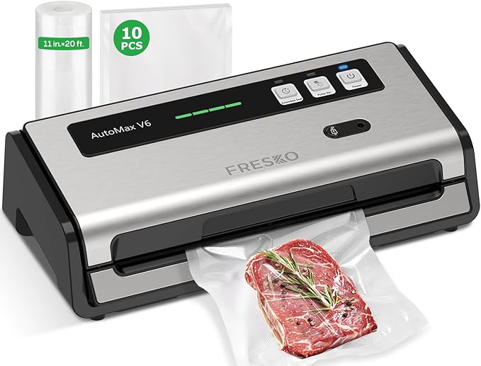 FRESKO Food Vacuum Sealer with Automatic Bag Detection, 0.2-inch Widened Heating Strip, Built-in Bag Roll Storage & Cutter, 1 Roll Bag, Starter Kit