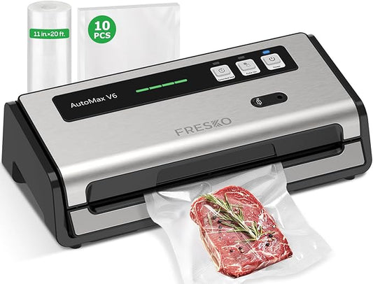 FRESKO Food Vacuum Sealer with Automatic Bag Detection, 0.2-inch Widened Heating Strip, Built-in Bag Roll Storage & Cutter, 1 Roll Bag, Starter Kit
