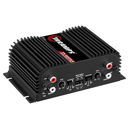 Taramps TS 400x4 2 Ohms Black Multichannel Stereo Amplifier 400 Watts Rms, 4 Channels, Full Range, Car Audio Digital 2 Bridged Channel, Crossover High/Low Pass, with RCA and Automatic High Level Input