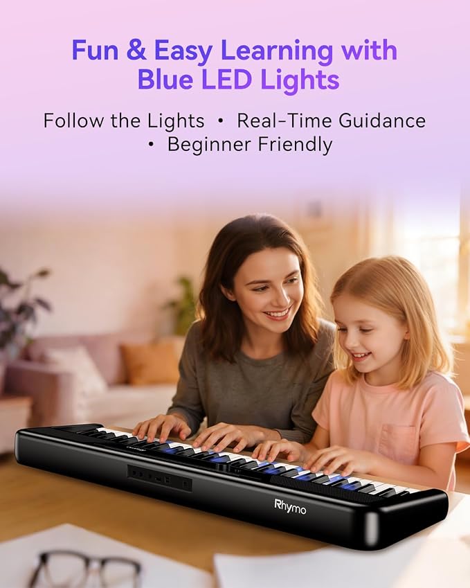 Rhymo 61-Key Velocity-Sensitive Lighted Piano Keyboard, 10W Dual Speakers, Dynamic Touch Sensitive Keys, Bluetooth & App-Enabled for Beginner Adults Kids