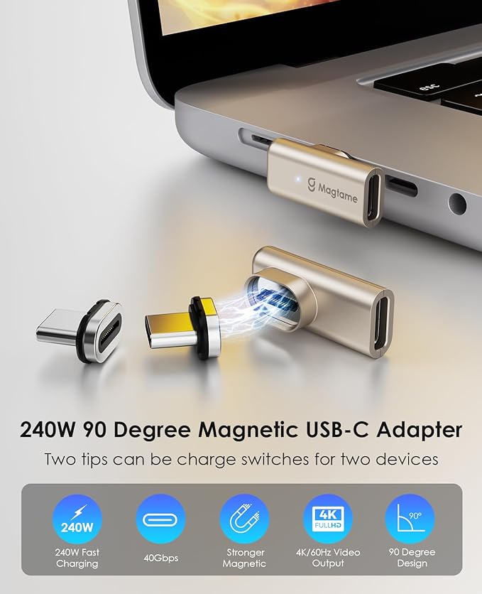 Magtame 240W Magnetic Right Angle USB C Male to USB C Female Adapter 40Gbps, 24Pin Flat 90 Degree Type-C Adapter Extender, 4K Video for USB3/4 Laptop, Tablet, iPhone 15/16, 1Pack with 2 Tips
