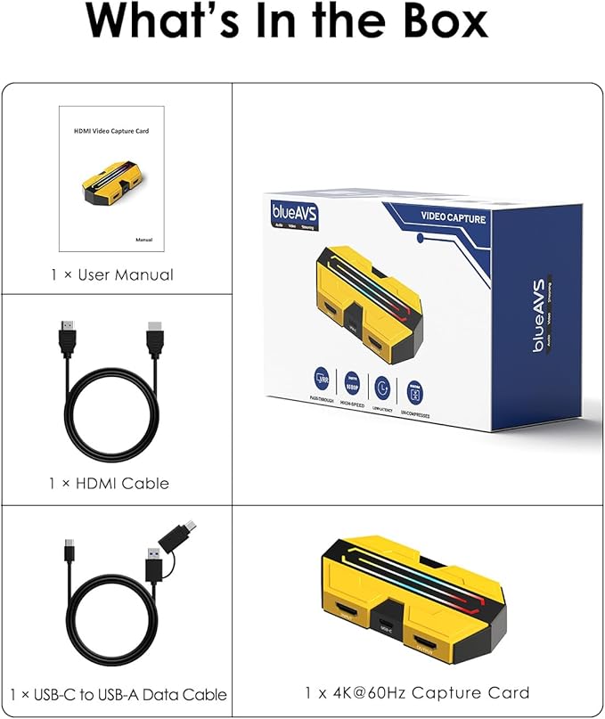 BlueAVS HDMI Video Capture Card for Game Streaming, 4K 60Hz HDR VRR ALLM Passthrough, 1080P 240Hz, USB-C External Capture Card for PS5, Xbox Series X/S, Switch, Compatible with PC Mac, OBS Streamlabs