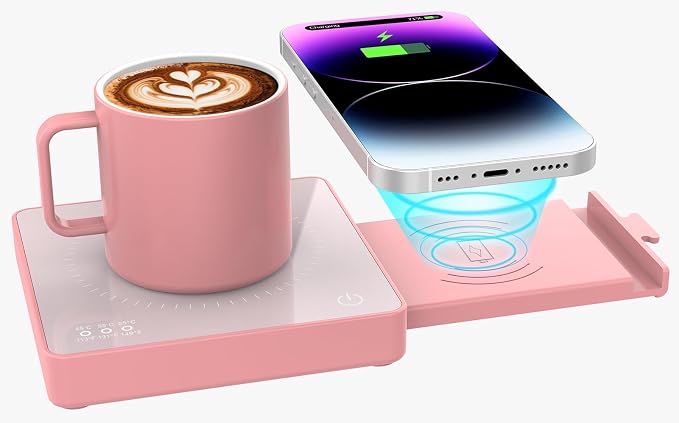 Coffee Mug Warmer with 15W Wireless Phone Charger & 3A USB Charging Port, 3 Temp Settings & 8H Auto Shut Off, Candle Warmer Plate for Heating Coffee, Milk, Tea & Candles,Valentine's Day Gift(Pink)