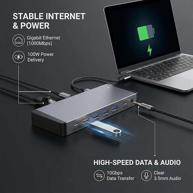 13-in-1 Laptop Docking Station 3 Monitors for Mac and Windows, USB C Hub with Triple 4K@60Hz (2DP+1HDMI), 100W PD Charging, One-Click Screen Off Switch, 10Gbps Data, Gigabit LAN, for Office and Gaming