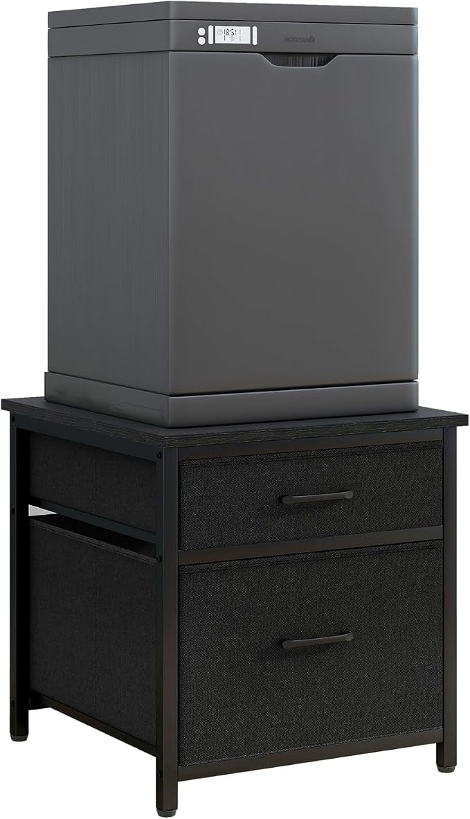 YMYNY Mini Fridge Stand with Storage, Mini Fridge Cabinet with Fabric drawers, 250lbs Heavy-Duty Compact Refrigerator Table, Coffee Bar Shelf, for Home, Office, Bedroom, Black HBR008B