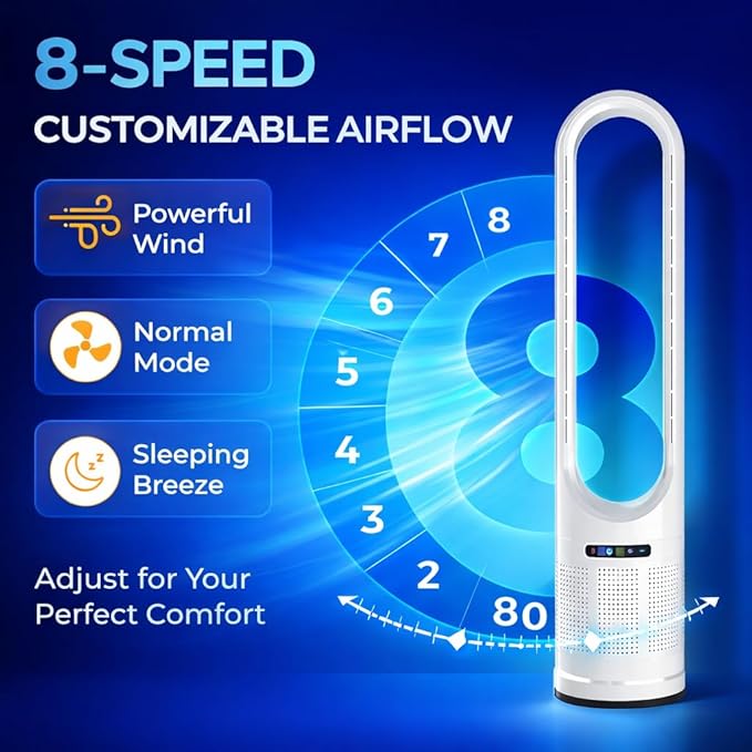 41" Bladeless Tower Fan with Air Filter, 80° Oscillating Fan with Remote Control, 8 Speeds, 8H Timer, Quiet Cooling Fan with LED Display, Standing Fan for Bedroom, Home, Office