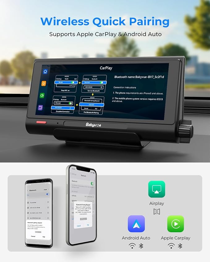Babyvue BV7 7.2" Baby Car Camera with Carplay Split Screen and Recording, 1080P IR Night Vision Car Baby Monitor, Foldable Stand, Sleep Mode, Easy Install & Quick Pairing for Safer Driving