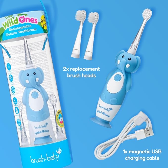 brush-baby WildOnes Kids Electric Rechargeable Toothbrush Elephant, 1 Handle, 3 Brush Heads, USB Charging Cable, for Ages 0-10 (Elephant)