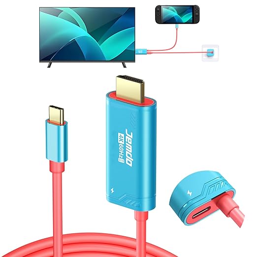 JEMDO Switch 2 Dock HDMI Cable,4K 60 Hz 18 Gbps USB C to HDMI 2.0 6.6 ft,100 W PD Play While Charging,Portable Travel TV Adapter Compatible with Nintendo Switch 2(Only Below V21.0.0)/2017/OLED