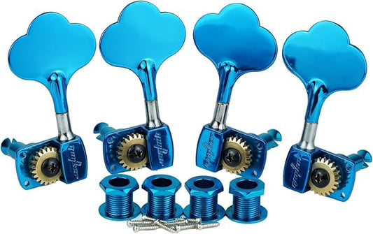 Guyker Bass Tuners (2R + 2L) - 1:22 Ratio Gear Open Frame Bass Drop Locking Machine Head Tuning Key Pegs Replacement for Electric Jazz Guitar Bass or Precision Instruments, BB100 Blue