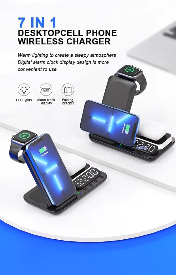 Tron 7-in-1 Wireless Charging Station with Clock, 25W Adapter, Night Light, iPhone/Watch/Earbuds Compatible, for Travel, Home, Office, and Bedroom – TR42