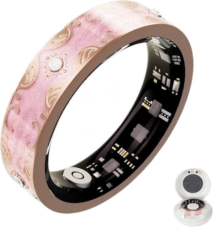 Retro Bluetooth Smart Ring for Women Fitness Tracker Ring with Heart Rate, Sleep Monitoring, Blood Oxygen, Step Counting for iOS and Android (Pink, 10#)