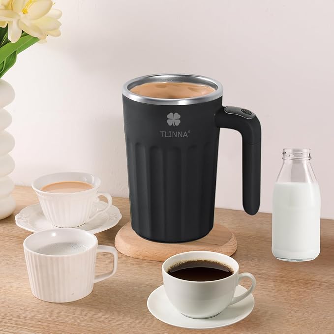 Self Stirring Mug,Self Stirring Coffee Mug,Suitable for Coffee, Milk, Cocoa and Other Beverages,Insulated bottle (Black-temperature, 12 Ounces)
