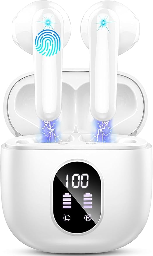 Wireless Earbuds, Bluetooth 5.4 Headphones 50H Playback Bass Stereo Ear Buds with 4 ENC Cancelling Mics, in-Ear Earphones with LED Display, IP7 Waterproof USB-C for Laptop Pad Phones Workout Rose Gold