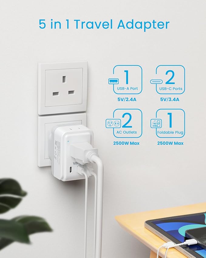 2 Pack US to UK Ireland Plug Adapter, VINTAR Foldable Type G Power Adapter, UK Travel Adaptor with 2 Outlets and 3 USB(2 USB C Ports) for England Scotland Ireland London Dubai Singapore Hong Kong