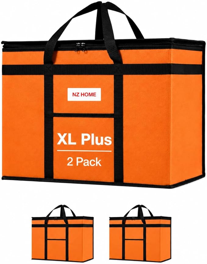 NZ home Insulated Bags for Food Delivery (XL Plus) Grocery Shopping Cooler Bag, Pizza Delivery, Hot & Cold Catering Tote, Reusable, Foldable & Heavy Duty (2 Pack, Orange)