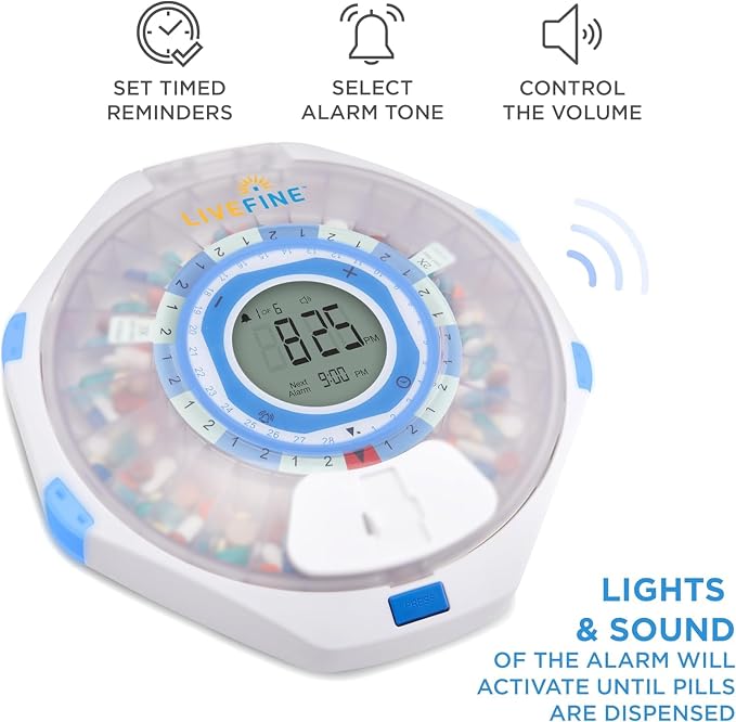 LiveFine WiFi Automatic Pill Dispenser and Remote Medication Monitoring System with Locking Key, 28-Day Medication Organizer Up To 9 Doses Per, Adjustable Light/Sound Alarms For Prescriptions & Vitami