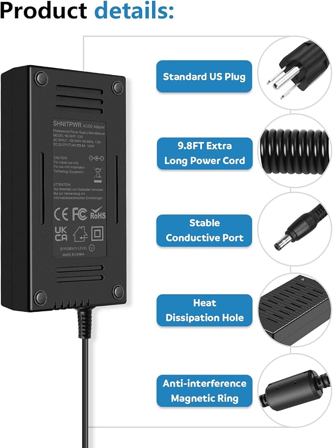 SHNITPWR 13.5FT 24V Power Supply DC 24 Volt 8A 192W AC DC Adapter 24vdc Power Adapter AC to DC Converter Transformer LED Driver with 13.5FT Super Long 5.5x2.5mm Tip for LED Strip Light CCTV Cameras