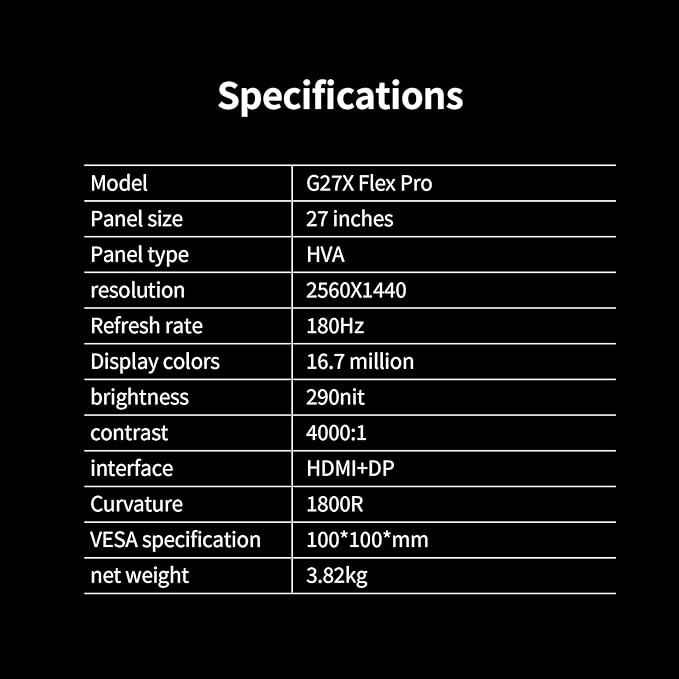 27 Inch Curved Gaming Computer Monitor 2K QHD(2560x1440) 180Hz Monitor,1ms 1800R Display, FreeSync, 4000:1 Contrast Ratio,100% sRGB, HDMI 2.0 & DisplayPort 1.4 VESA Mount（G27X Flex Pro）