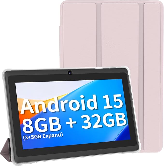7 Inch Tablet with Case, Five Core Android 15 Tablets, 8GB RAM 32GB ROM 512GB Expand, 1024x600 IPS HD Display, 3500mAh,Dual Camera, USB C Tablet PC（Pink）