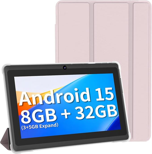 7 Inch Tablet with Case, Five Core Android 15 Tablets, 8GB RAM 32GB ROM 512GB Expand, 1024x600 IPS HD Display, 3500mAh,Dual Camera, USB C Tablet PC（Pink）