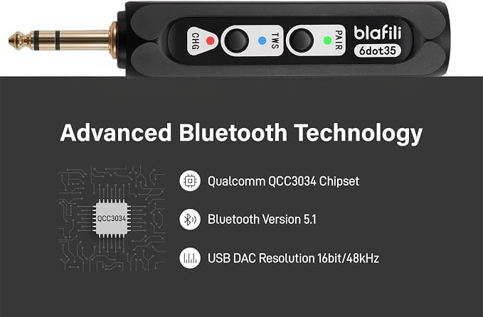 6dot35 Bluetooth Receiver with 1/4" TRS Output for Mixers | Receiver only, not a Bluetooth transmitter, aptX HD, TWS pairing, for PA systems and amps