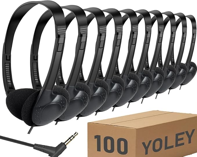 Classroom Headphones Bulk 100 Pack Class Set for School Students Kids and Adult -Sturdy Wired 3.5mm Plug (Black, 100 Pack)
