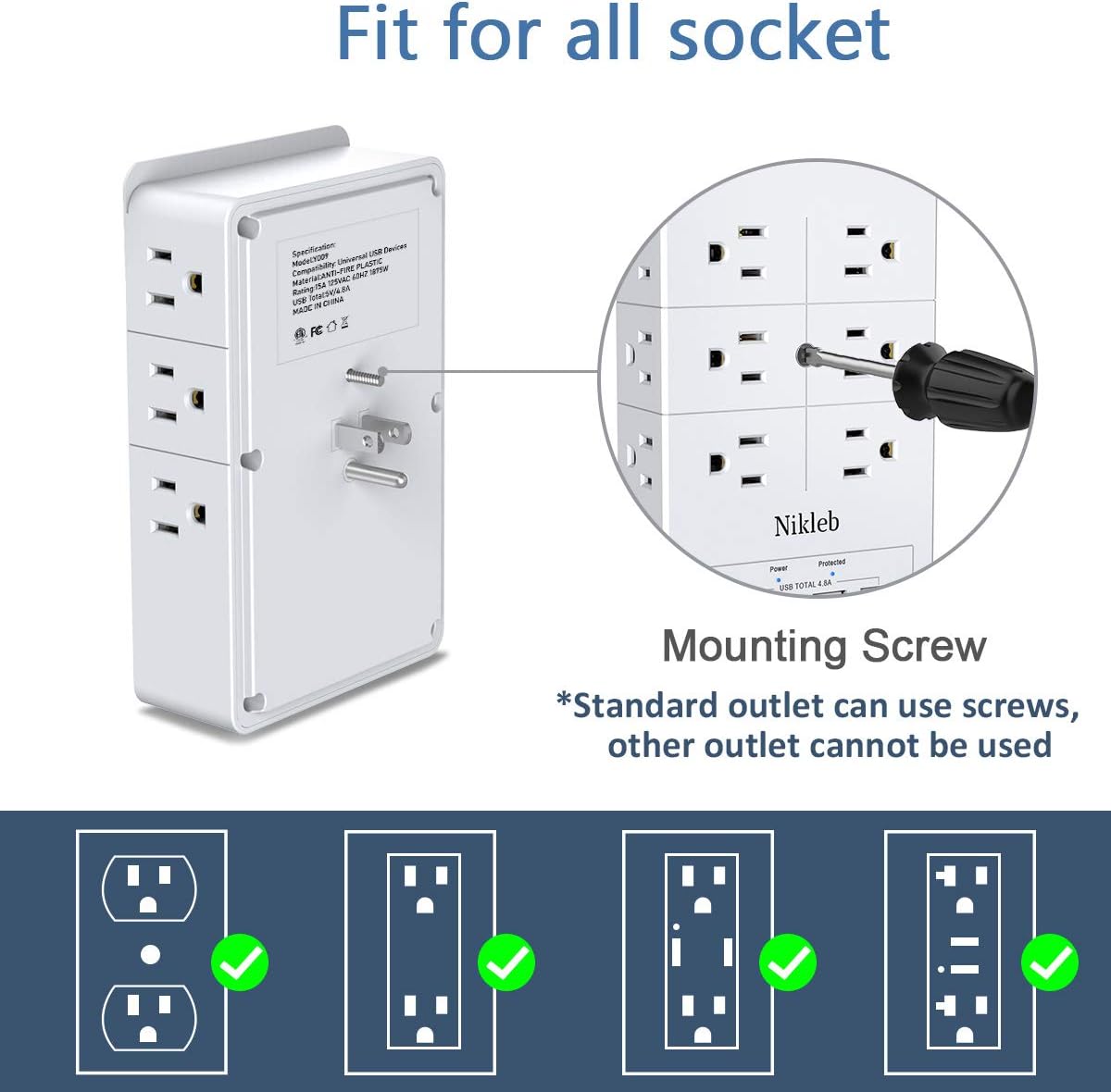 Multi Plug Outlet Surge Protector Nikleb, 12 Electrical Outlets Extender with 4 USB Charging Ports Total 4.8A, Wall Plug Expander 3 Prong for Room, Office, Gaming, Cord Organizer Accessories