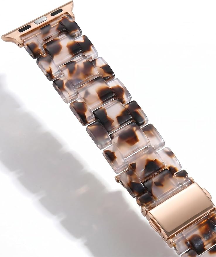 V-MORO Resin Strap Compatible with Apple Watch Series 11/10/9/8/7 40mm 41mm 42mm 38mm Lightweight Fashion Wristband Bracelet for iWatch Series 6/5/4/3/2/1 with Rose Gold Buckle Clear Tortoise
