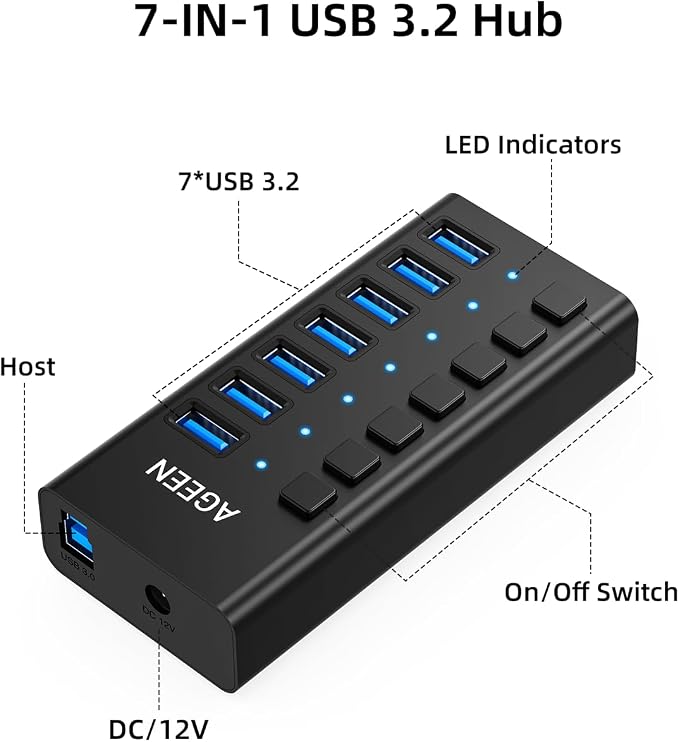 AGEEN 7-Port USB 3.2 Gen 2 Hub, 10Gbps High-Speed Aluminum Powered Hub with 24W Adapter, Individual Switches & Surge Protection for PC/Laptop, Flash Drive, Printer, Camera