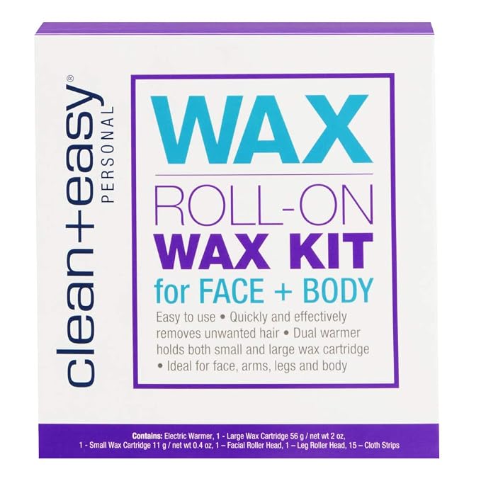 Clean + Easy Roll on Wax Kit – Hair Removal System with Dual Electric Warmer, Cartridges & Strips, At-Home Wax Roller Kit, 120V