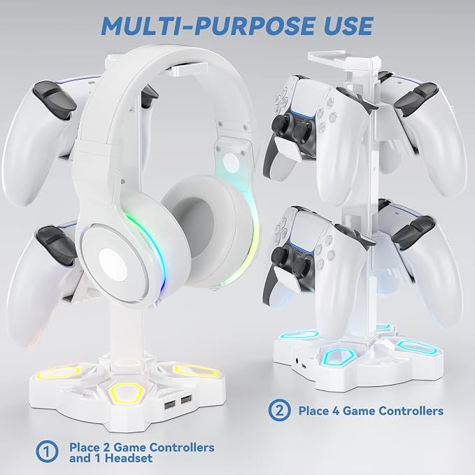 KDD Gaming RGB Headphones Stand & RGB Headphone Stand with USB Charger - Rotatable Headset Stand with 9 Light Modes - Headphone Holder with 2 USB Charging Ports and 3 AC Outlets