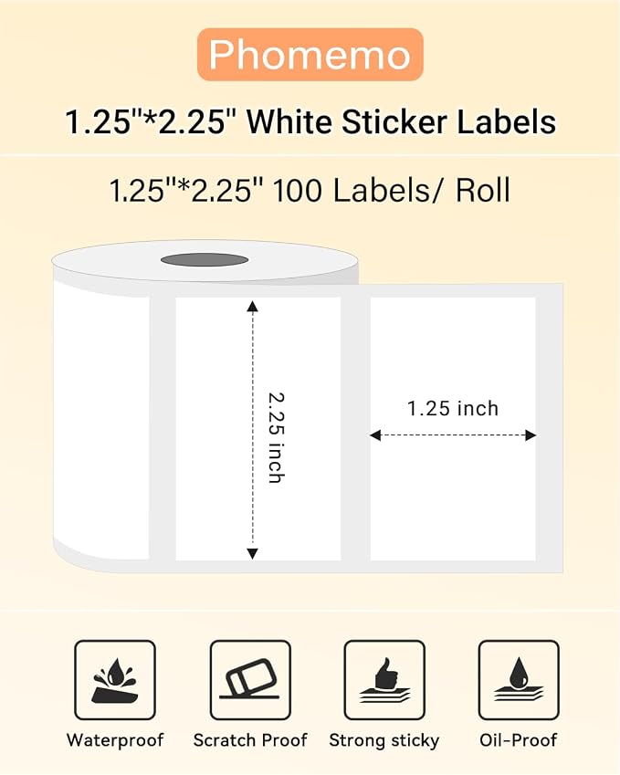 Phomemo Bluetooth Thermal Label Printer, 241BT 4X6 Wireless Shipping Label Printer for Small Business with 2.25"x1.25" White Thermal Labels 1000 Sheets/Roll